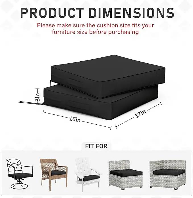 Patio Chair Cushions 17 X 16 X 3 Inch Waterproof Outdoor Seat Cushions for Patio Furniture, Outdoor Sofa Couch Pads with Ties & Handle, Set of 2, Black by GreenHaven Gardens