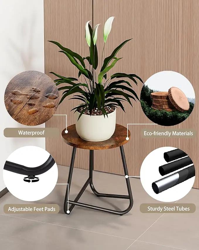 Indoor Plant Stand,Mid Century Wood Stand Plant Table,Modern Plant Stool for Outdoor,Metal Tall Holder for Flower Pots,Small Round Side End Table (Rustic Brown, 19 inch) by GreenHaven Gardens