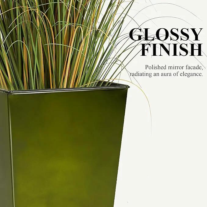 WORTH Garden 28" Large Metal Glazed Planter Set of 2, Luxurious Glossy Finish Green Tall Square Tapered Steel Plant Pots, Decor Flower Pot Indoor & Outdoor, Drainage Hole & Dual-Purpose Plant Saucer by GreenHaven Gardens