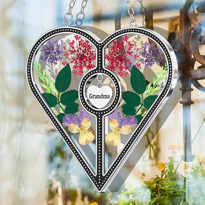 KY&BOSAM Heart Suncatcher Grandma Stained Glass for Windows Hangings Ornament Wind Chimes with Pressed Real Flower Heart Embedded in Glass Birthday Gifts for Women Grandma Mother`s Day Christmas Decor by GreenHaven Gardens