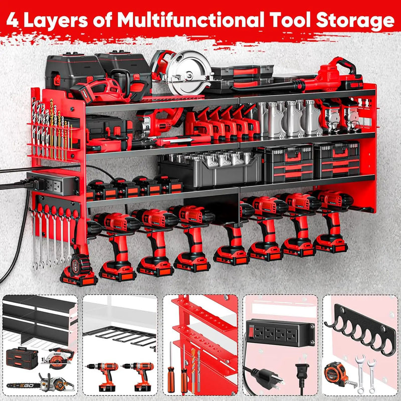 Large Power Tool Organizer Wall Mount with Charging Station,4 Layer Heavy Duty Metal Tool Storage Shelf Loads 600lbs,Battery Utility Rack With 4 Outlet Power Strip with 8 Cordless Drill Holder by GreenHaven Gardens