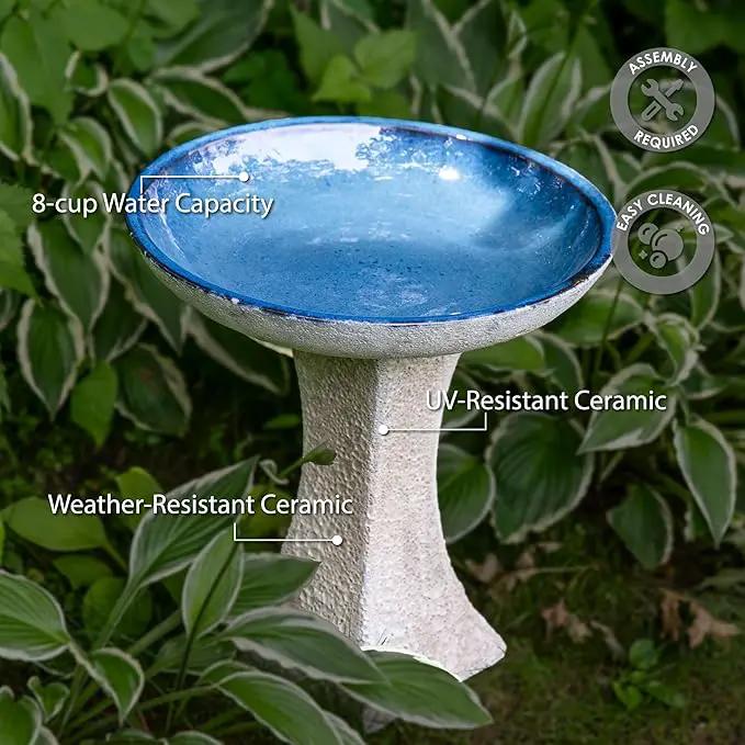 Sunnydaze Ceramic Bird Bath for Outside - 16" H - UV- and Frost-Resistant - Pedestal Bird Bath - Blue Glazed Bowl - White Lava Finish by GreenHaven Gardens