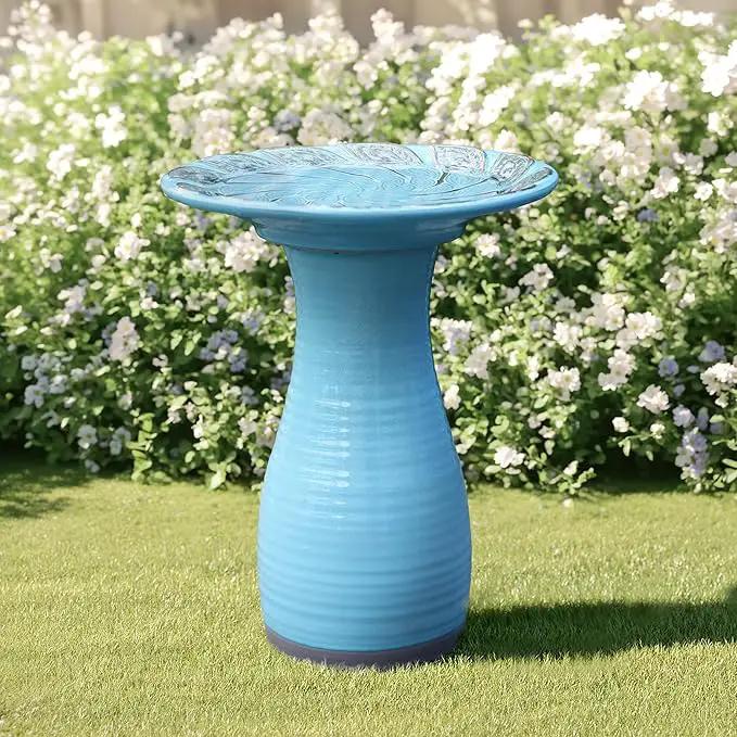 LuxenHome 20 Inch Ceramic Bird Bath for Outside, Elegant Tall Outdoor Bird Bath, Lightweight Pedestal Glazed Birdbaths for Outdoors with Leaf Pattern, Sky Blue by GreenHaven Gardens