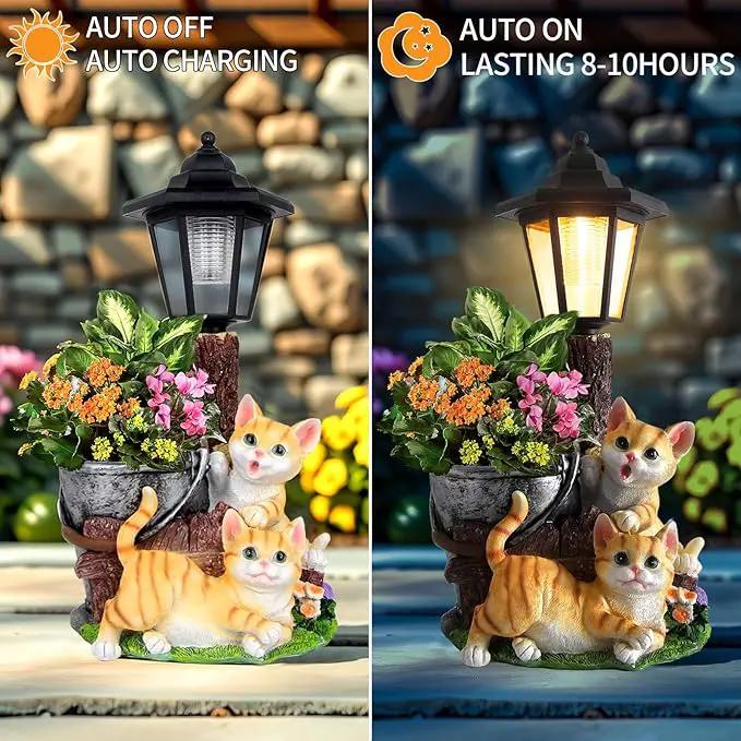 Solar Cat Outdoor Statues, Garden Sculptures with Flowerpot Decor & Solar Lantern for Yard Art Lawn Ornaments Porch Patio Balcony - Idea Gifts for Women Mom Grandma by GreenHaven Gardens