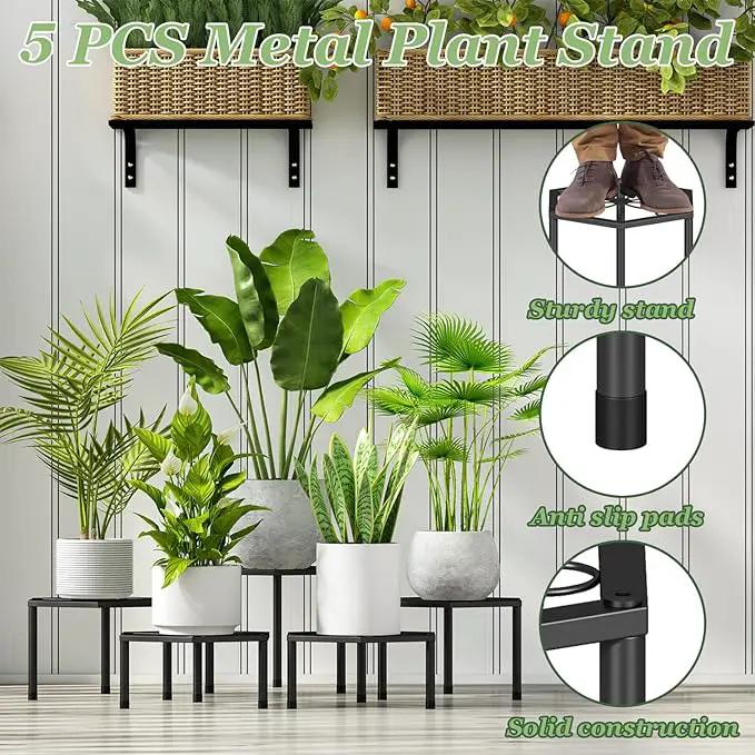 Small Metal Plant Stand indoor - 5 Pack Black Short Flower Pot Stand, Heavy Duty Anti-Rust Iron Shelf for Outdoor Home Patio Garden by GreenHaven Gardens