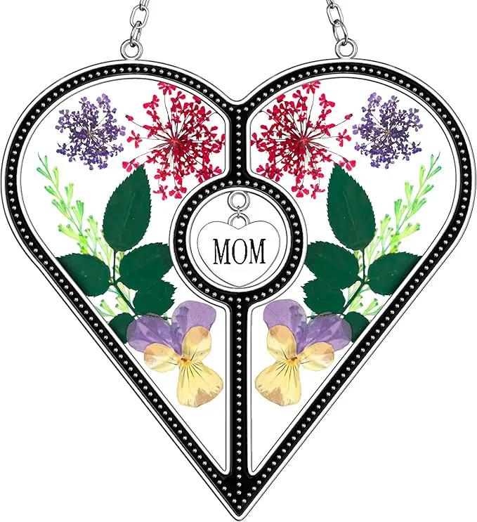 KY&BOSAM Heart Suncatcher Mom Stained Glass for Windows Hangings Wind Chimes with Pressed Flower Heart in Glass with Metal Trim Heart Charm Birthday Gifts for Women Mother`s Day Christams Home Decor by GreenHaven Gardens