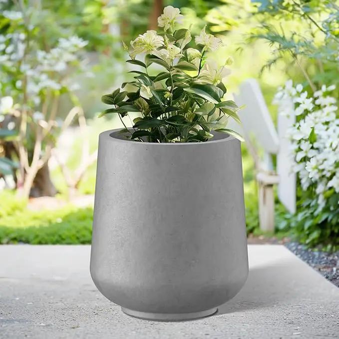 Kante 15.3" Dia Round Concrete Planter, Outdoor Indoor Large Plant Pots Containers with Drainage Hole and Rubber Plug for Home Garden Patio, Gray Concrete by GreenHaven Gardens