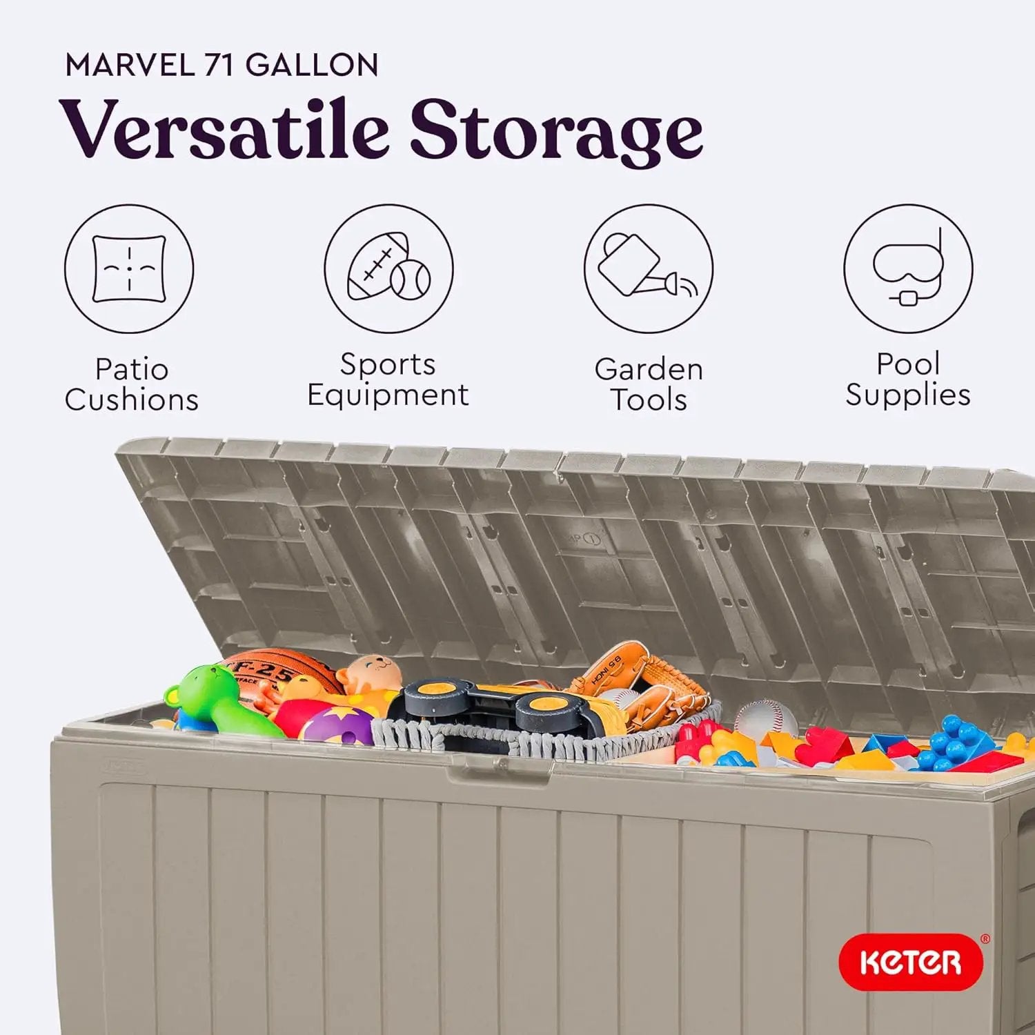 Keter Marvel Plus 71 Gallon Resin Deck Box-Organization and Storage for Patio Furniture Outdoor Cushions, Throw Pillows, Garden Tools and Pool Floats, Beige by GreenHaven Gardens