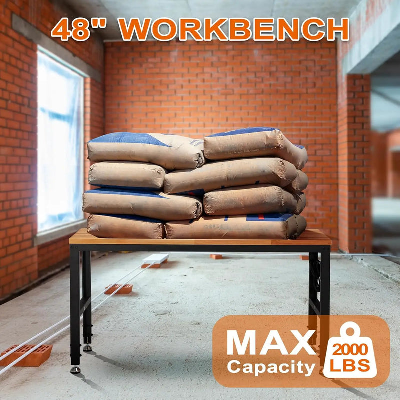 Haddockway Adjustable Workbench for Garage,48"x 24" Rubber Wood Top Worktable with Power Outlets, Max 2000 Lbs Load Capacity Heavy Duty Workstation for Workshop Office Home (Black Frame, 48in) by GreenHaven Gardens