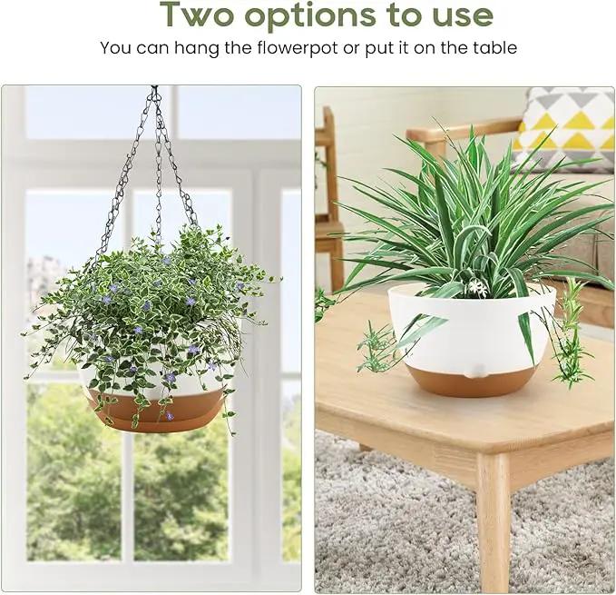 12/10/8 Inch Hanging Planter, Hanging Plastic Plant Self Watering Pot with Drainage Holes and Saucers, Hanging Baskets Flower Pots for Indoor Outdoor Garden Plants and Flowers,Set of 3-White by GreenHaven Gardens