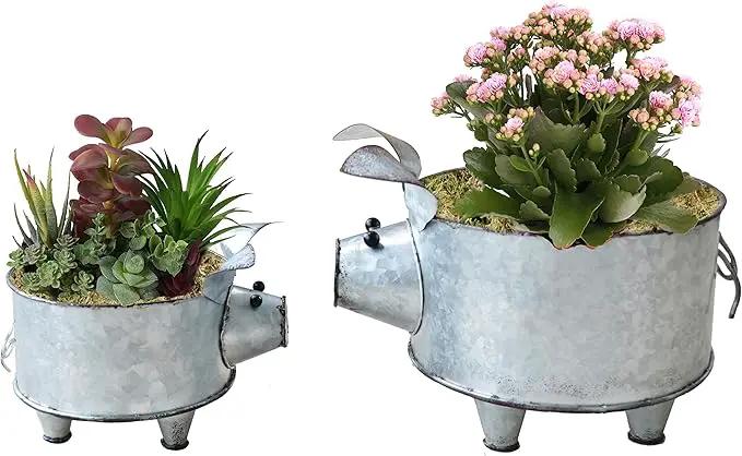 Galvanized Metal Pig Succulent Planter Farmhouse Pig Shaped Bowl Metal Pig Tray Rustic Decor Set of 2 by GreenHaven Gardens