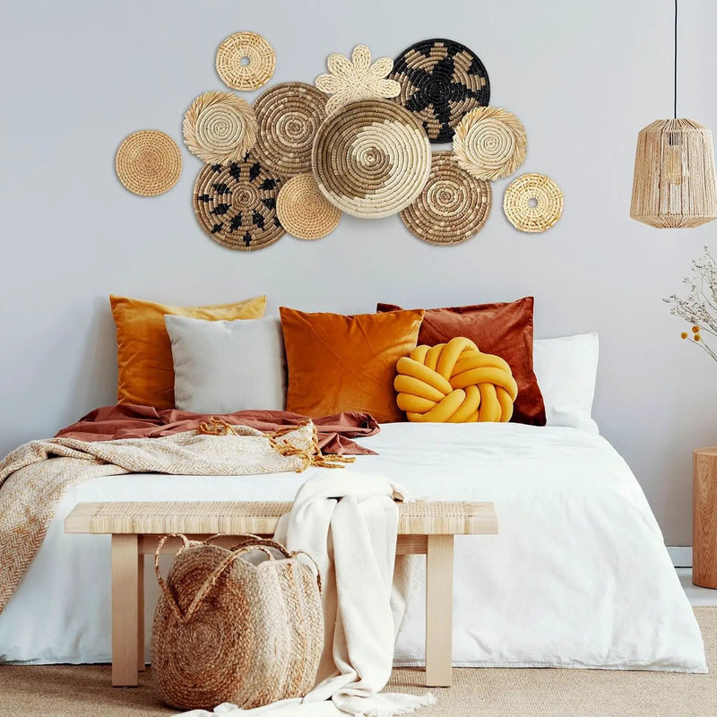 Xuhal 11 Pcs Boho Hanging Wall Basket Decor Handmade Woven Basket Wall Decorative Boho Wicker Baskets Placemats Round Farmhouse Bulrush Art for Rustic Home Decorations Christmas Gift(Rustic) by GreenHaven Gardens