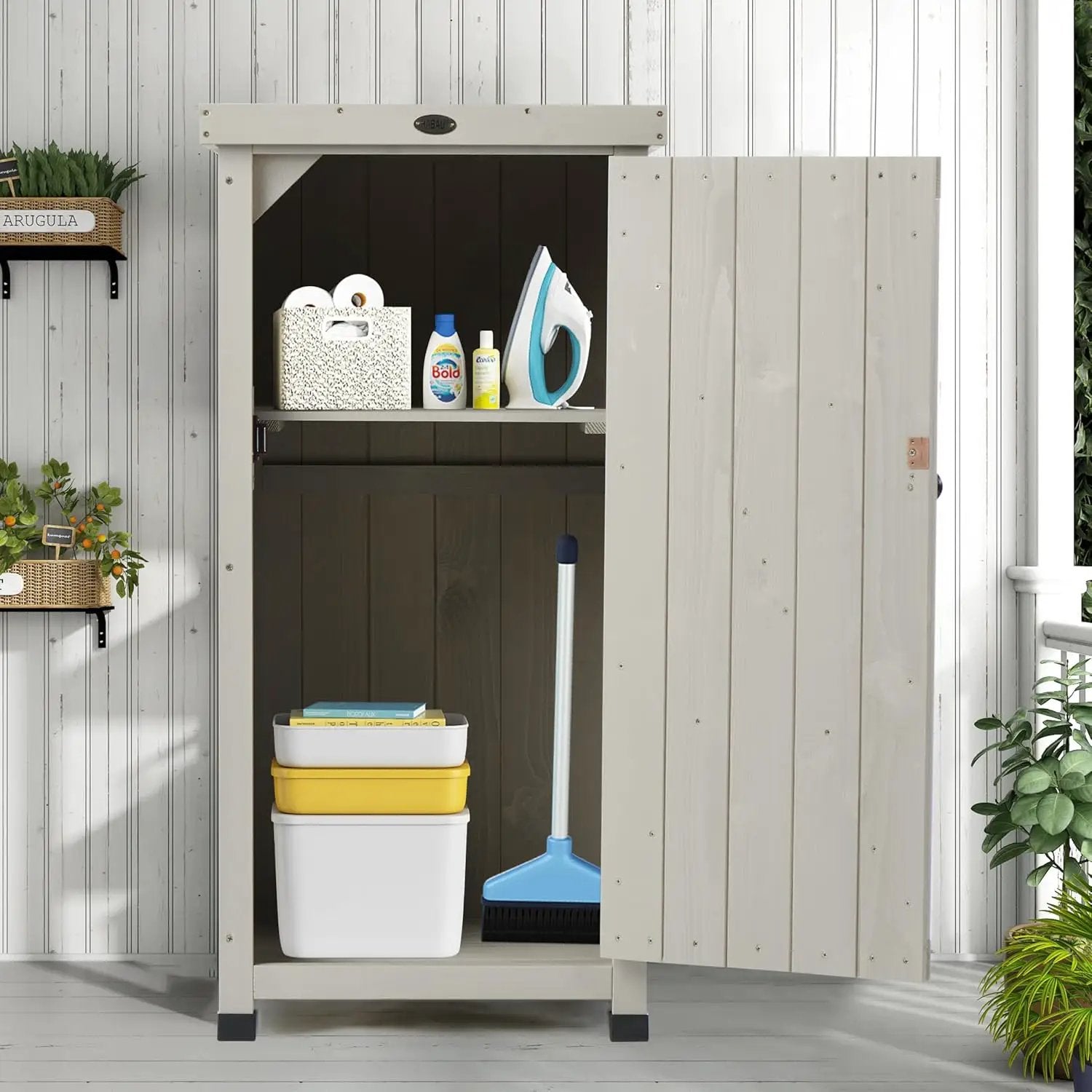 Outdoor Storage Cabinet for Patio, Garden Potting Bench Table with Shelves & Metal-Tabletop, Wooden Planting Work Station, Weatherproof by GreenHaven Gardens