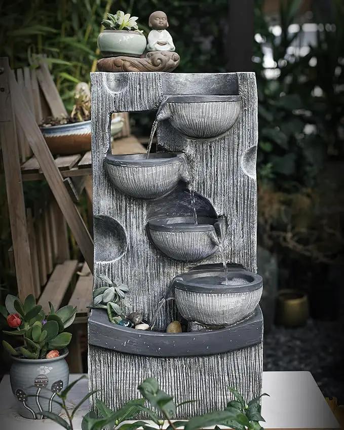 23.43" H Outdoor Water Fountain, 5 Tiers Bowls Garden Water Fountains with LED Light, Modern Natural Waterfall Fountain for Garden, Patio, Yard and Home Art Decor by GreenHaven Gardens