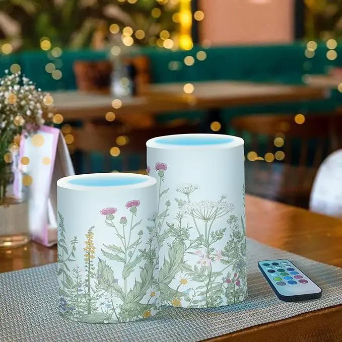 Flickering Flameless Candles, Flowers Herbs Wildflowers Botanical LED Candles with Remote Timer, Set of 2 Battery Operated Candle for Valentine Wedding Birthday by GreenHaven Gardens