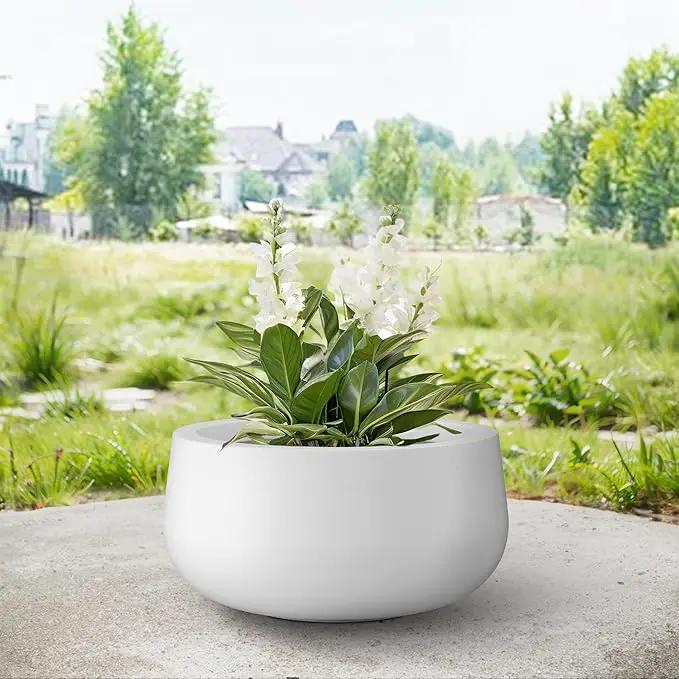 Kante 11.8" Dia Round Concrete Planter, Cement Plant Pots with Drainage Hole and Rubber Plug for Outdoor Indoor Garden Home, Modern Curvaceous Design, Pure White by GreenHaven Gardens