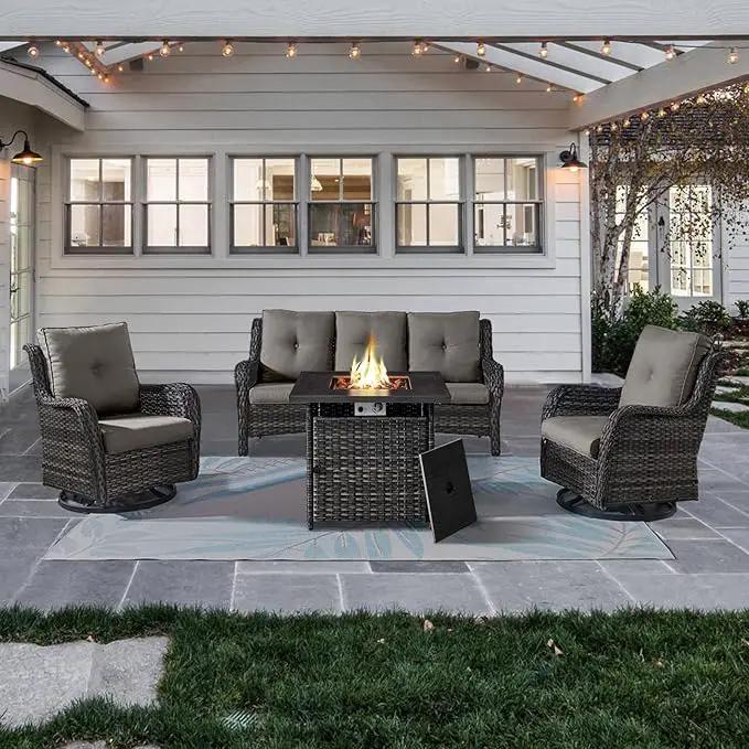 Outdoor Patio Furniture Set with 50000BTU Propane Fire Pit Table, 4 Pieces Wicker Patio Conversation Set with 2 Swivel Rocker Glider Chairs Rattan Sofa Grey Cushion Perfect for Gathering by GreenHaven Gardens