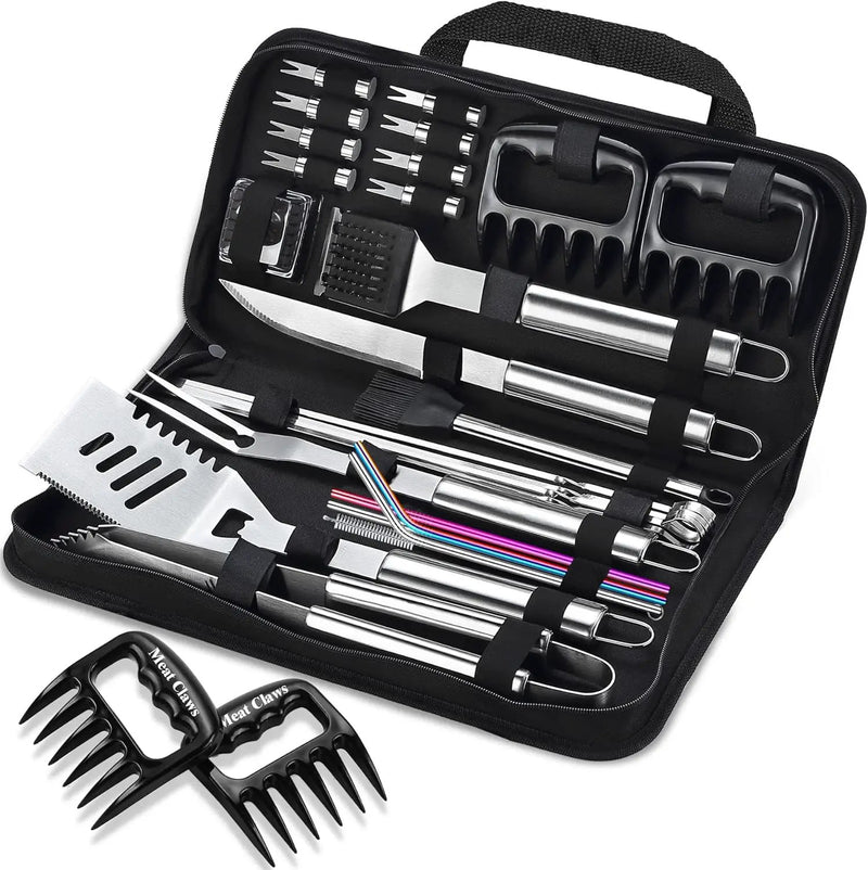 ROMANTICIST 27pcs Heavy Duty Grilling Gifts for Men Dad Fathers Day, Extra Thick BBQ Accessories Tools Set, Stainless Steel Grill Utensils Kit with Meat Claws, Carrying Bag for Outdoor Camping Silver by GreenHaven Gardens
