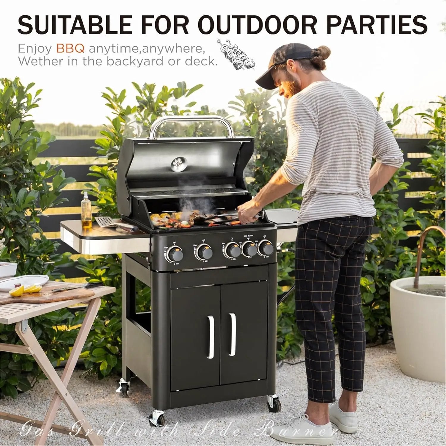 Sophia & William 4-Burner Gas BBQ Grill with Side Burner & Porcelain-Enameled Cast Iron Grates, Outdoor Cooking Propane Grills Cabinet Style Garden Barbecue Grill, 46,700BTU, Black by GreenHaven Gardens