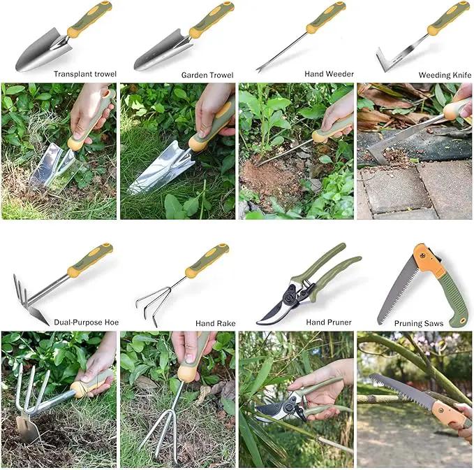 Garden Tool Set, WisaKey 9 Piece Stainless Steel Heavy Duty Gardening Hand Tools with Handle, Durable Garden Tool Bag, Gardening Gifts for Women and Men White Elephant Gifts by GreenHaven Gardens