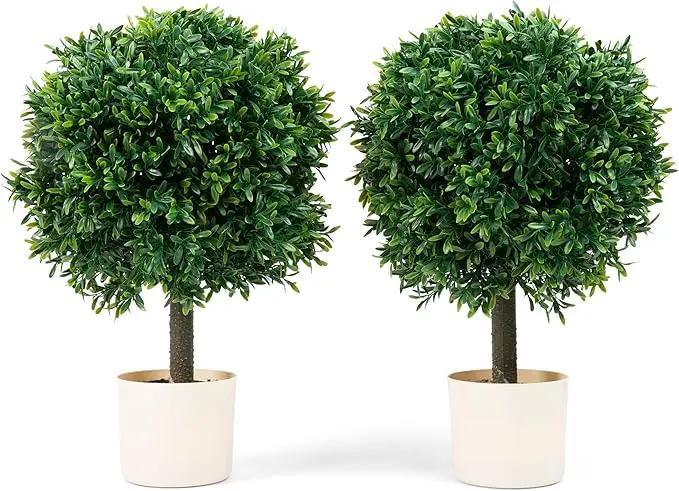 Premium 16" Diameter Artificial Japanese Boxwood Topiary – Set of 2 Faux Plants in Beige Decorative Planters – Realistic, UV-Resistant, Weatherproof Outdoor & Indoor Décor by GreenHaven Gardens