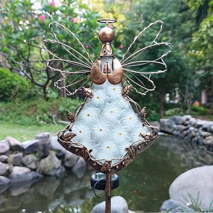 Angel Solar Lights Garden Stake Outdoor-38Inch Metal&Glass Solar Angel Stake Grave Decorations for Cemetery-Perfect as Angel Remembrance Gifts & Sympathy Gifts Decorations（Bronze） by GreenHaven Gardens