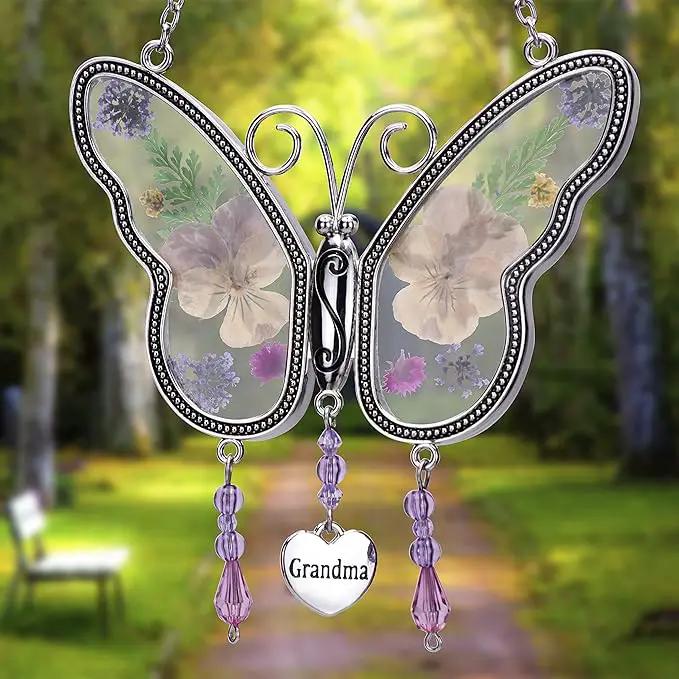 Laraine Butterfly Suncatcher with Pressed Colourful Flower Wings Mom Mother's Day Butterfly Glass Wind Chime Ornament Charm with Metal Heart Gifts for Mom Grandma Birthday (Yellow Grandma) by GreenHaven Gardens