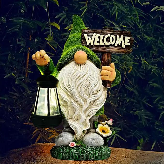 ASAWASA Gnomes Decorations for Yard with Solar LED Light, 10.8" Large Outdoor Funny Garden Lawn Gnome Decor with Welcome Sign by GreenHaven Gardens
