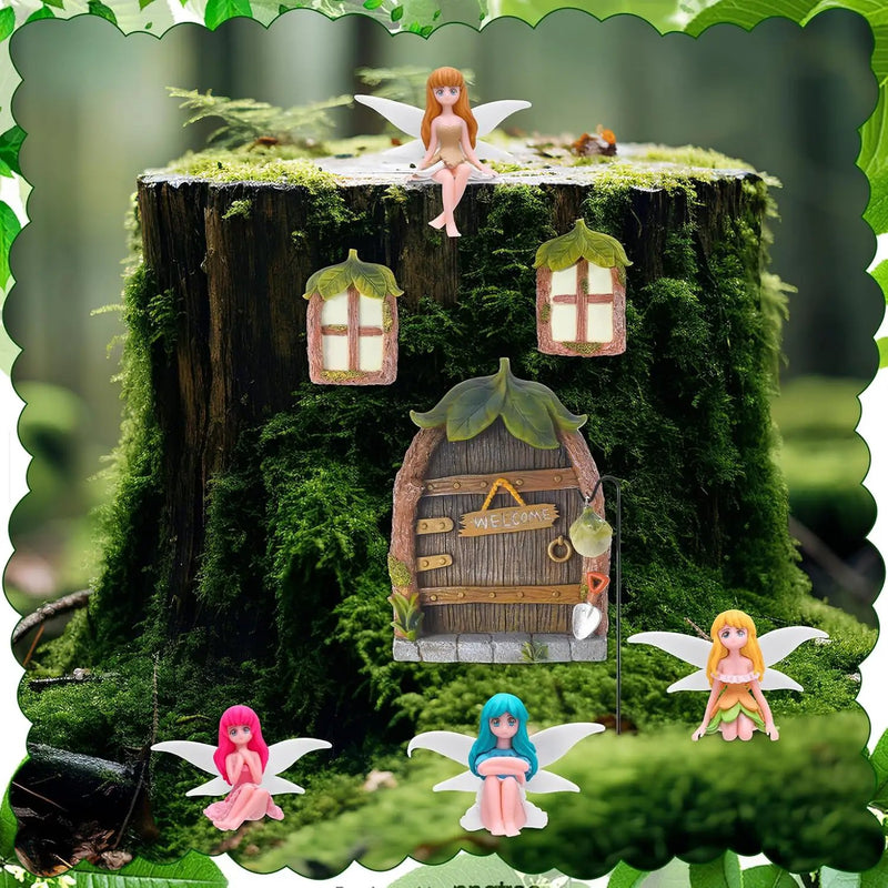 Glowing Miniature Fairy Garden Accessories, 4-Piece Miniature Fairy Figurines Glow in The Dark Fairy Door and Windows for Trees Set, Resin Light Up Sculpture Kit for Outdoor & Indoor Gardens by GreenHaven Gardens
