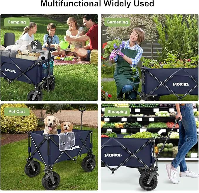 LUXCOL Collapsible Folding Wagon, Heavy Duty Utility Beach Wagon Cart for Sand with Big Wheels, Adjustable Handle&Drink Holders for Shopping, Camping,Garden and Outdoor Dark Blue by GreenHaven Gardens