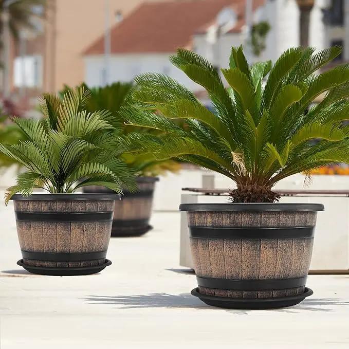Quarut Large Plastic 4 Pack14 inch Plant Pots,Whiskey Barrel Planters with Drainage Holes & Saucer.Flower Pots Imitation Wine Barrel Design for Indoor & Outdoor Garden Balcony Plants.5 Gallons(Brown) by GreenHaven Gardens