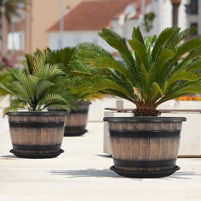 Quarut Large Plastic 3 Pack16 inch Plant Pots,Whiskey Barrel Planters with Drainage Holes & Saucer.Flower Pots Imitation Wine Barrel Design for Indoor & Outdoor Garden Balcony Plants.7 Gallons(Brown) by GreenHaven Gardens