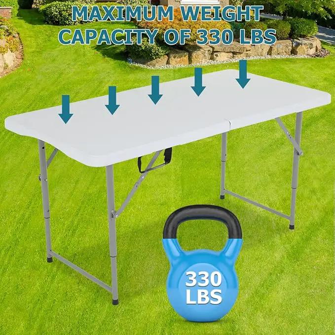4FT Folding Table, Height Adjustable Table, Heavy Duty Plastic Tables Portable Fold-in-Half Utility Table w/Handle & Lock for Camping BBQ Party Banquet Wedding Market Events, 330LBS by GreenHaven Gardens