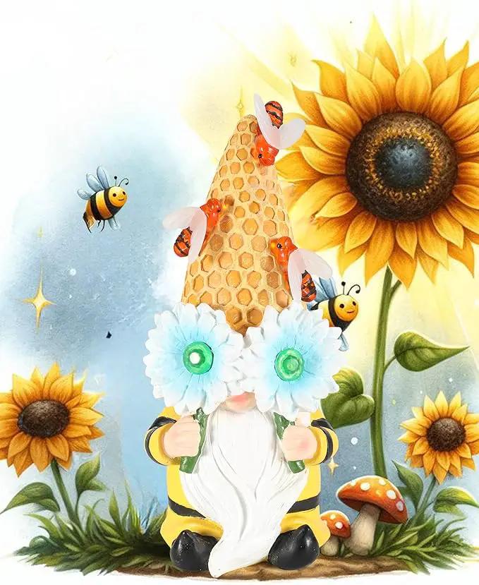 iStatue Garden Gnomes Outdoor Clearance with Solar Bee Lights - 9.5'' Resin Figurine Honeycomb Sunflower Spring Summer Decoration for Home Garden Decor Lawn Ornaments (Mr Bee Gnome) by GreenHaven Gardens