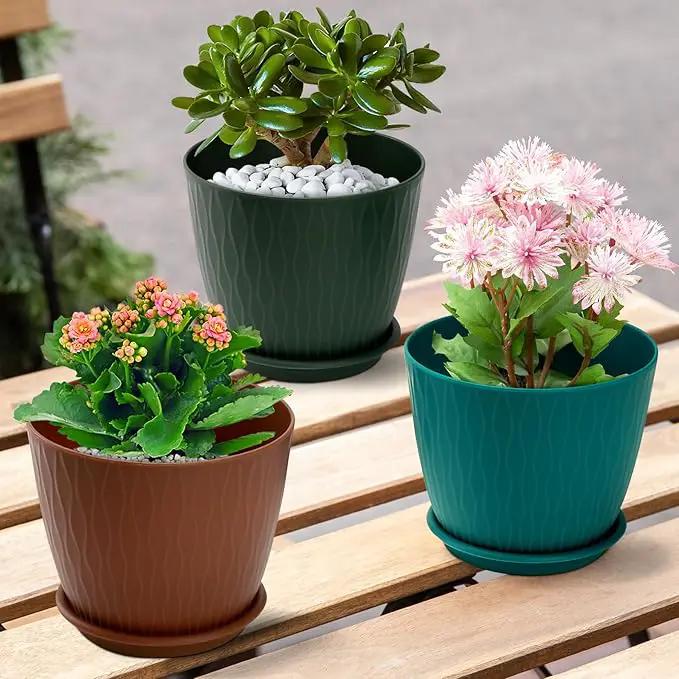 Plant Pots – 6 Inch Planters with Drainage Holes and Saucers, Flower Pots for Indoor and Outdoor Plants, Nursery Planting Pots (Pack of 5, Multicolor) by GreenHaven Gardens
