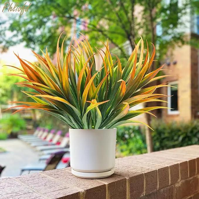6Pcs Artificial Grass Fake Plants 17.3in Outdoor Plastic Plants UV Resistant Greenery Fake Grass for Home Window Garden Office Patio Hanging Planter Pathway Front Porch Décor Orange Yellow by GreenHaven Gardens