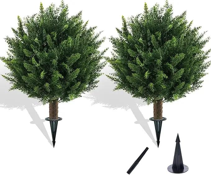 21" Artificial Cypress Topiary Outdoor Plants with Spike, 2 Pack Faux Cedar Bushes UV Resistant Fake Shrubs for Front Porch Décor by GreenHaven Gardens
