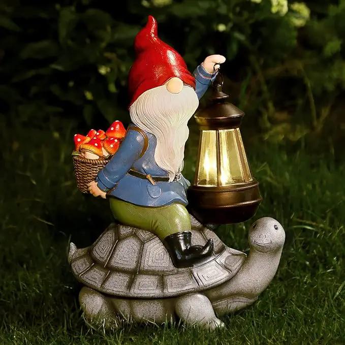 Gnome and Turtle Garden Decor, Large Outdoor Garden Sculptures & Statues, Outside Patio Yard Lawn Decorations, Housewarming for Women, Mom, Grandma with Solar Lantern by GreenHaven Gardens