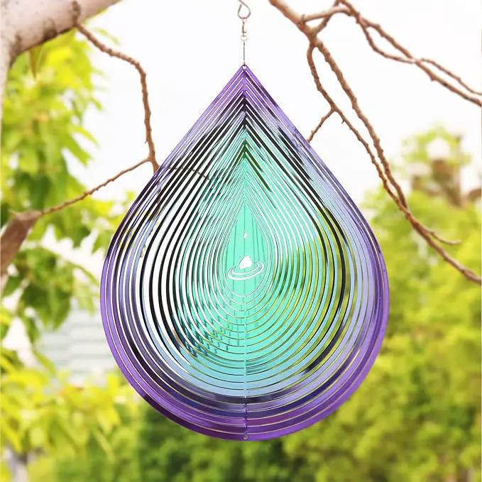 Wind Spinner Garden Indoor Outdoor Decor 3D Stainless Steel Metal Hanging Decorations, 3D Water Droplets Pattern Metal Wind Sculptures & Spinners Whirligig Gifts with 12inch(Green&Purple) by GreenHaven Gardens