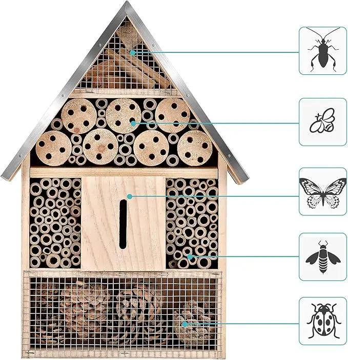 Wooden Mason Insect Bee Butterfly House,Insect Hotel,an Outdoor Hanging Bamboo Habitat for Bee Butterfly Ladybugs Live,Bee Box,Butterfly Habitat for Garden,9 x 15.7 x 2.5 Inch by GreenHaven Gardens