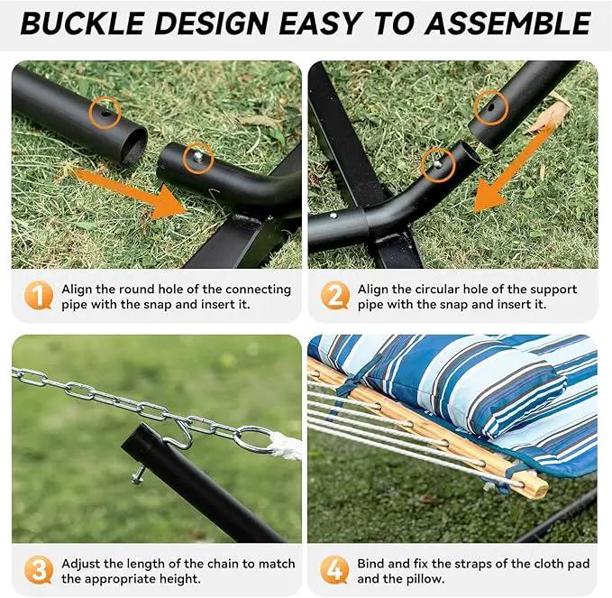 2 Person Outdoor Hammock with Stand, Cotton Rope Hammock with Polyester Pad, Adjustable Steel Frame, Portable with Carrying Bag – for Patio, Backyard, Garden, Beach, Blue by GreenHaven Gardens