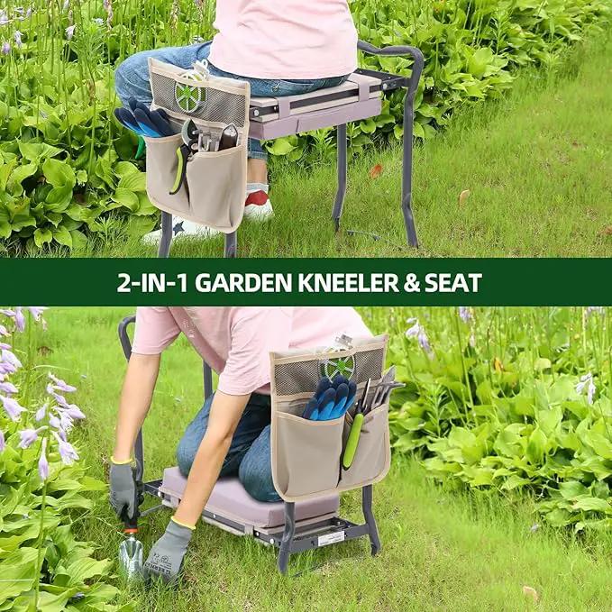 Ohuhu Upgraded Garden Kneeler and Seat 2-in-1 Foldable Gardening Stool with Detachable Soft Kneeling Pad, Garden Bench Heavy Duty with Large Tools Bag and Pouch, Gifts for Women Men Seniors Gardener by GreenHaven Gardens