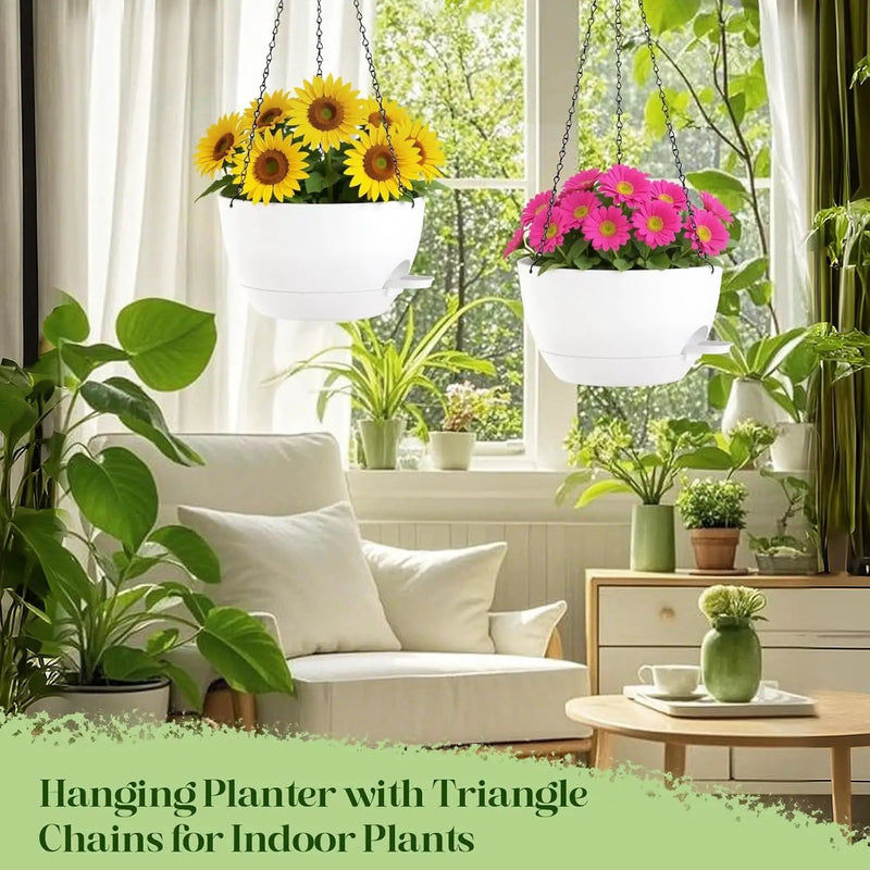 10 Inch Hanging Planters with Chains 2 Pack Self Watering White Plastic Hanging Pots for Indoor Outdoor Plants, Garden Porch Home Decor (White) by GreenHaven Gardens
