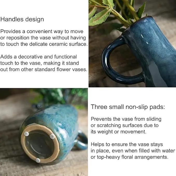 Ceramic Vase Set of 2, Blue Glazed Small Pottery Vases with Handles, Decorative Clay Vase Modern Farmhouse Decor, Centerpiece Dining Table Decorations Porcelain by GreenHaven Gardens