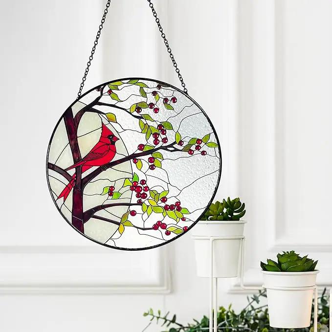 Stained Glass Window Hanging Sun Catcher 7.8”- Cardinal in Full Moon Stained Glass Suncatcher, Red Berry Tree, Nature, Indoor Decor, Wall Art, Gifts for Women by GreenHaven Gardens