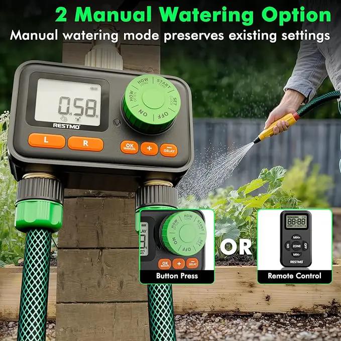 RESTMO RF Remote Controlled Sprinkler Timer with Brass Inlet & Outlet, Water Timer for Garden Hose, Automatic/Manual/Rain Delay for Outdoor Faucet, Drip Irrigation and Lawn Watering, 2 Outlet by GreenHaven Gardens