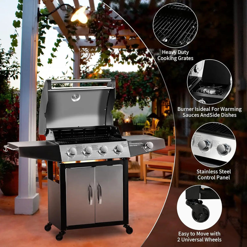 MASTER COOK 4 Burner Gas Grill, 52,000 BTU Cabinet Style Grill, Propane Grill, with Side Burner, Built with Stainless Steel by GreenHaven Gardens