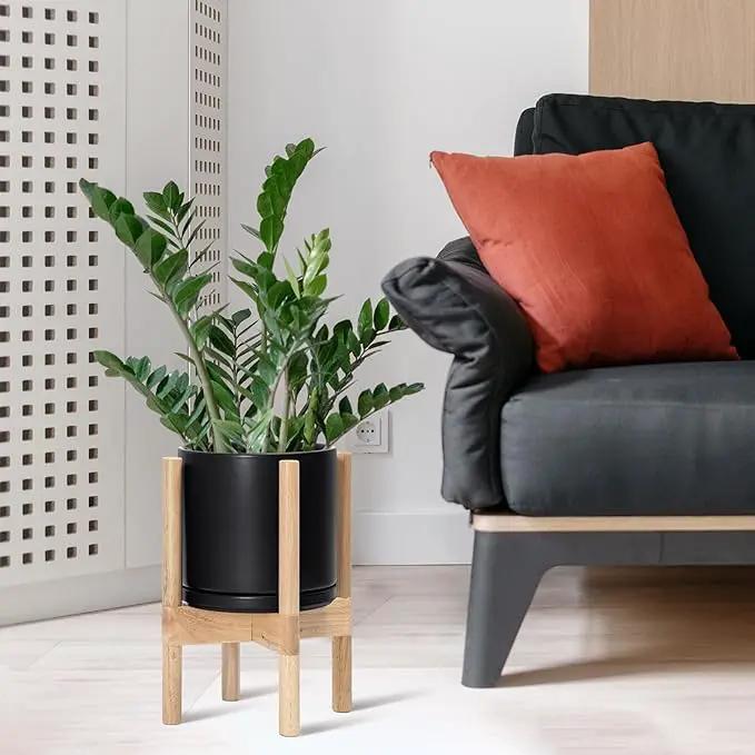 D'vine Dev Ceramic Planter with Natural Stand - 8 Inch Modern Round Flower Pot with Wood Planter Holder, Black, 55-B-N-2 by GreenHaven Gardens