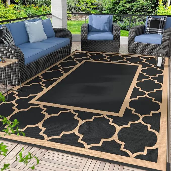 GENIMO Outdoor Rug 9' x 12' Patio Waterproof, Foldable Reversible Plastic Straw Area Rugs Mat for Camper Decor, Outside Carpet for Rv, Deck, Porch, Picnic, Beach, Balcony, Black & Brown by GreenHaven Gardens