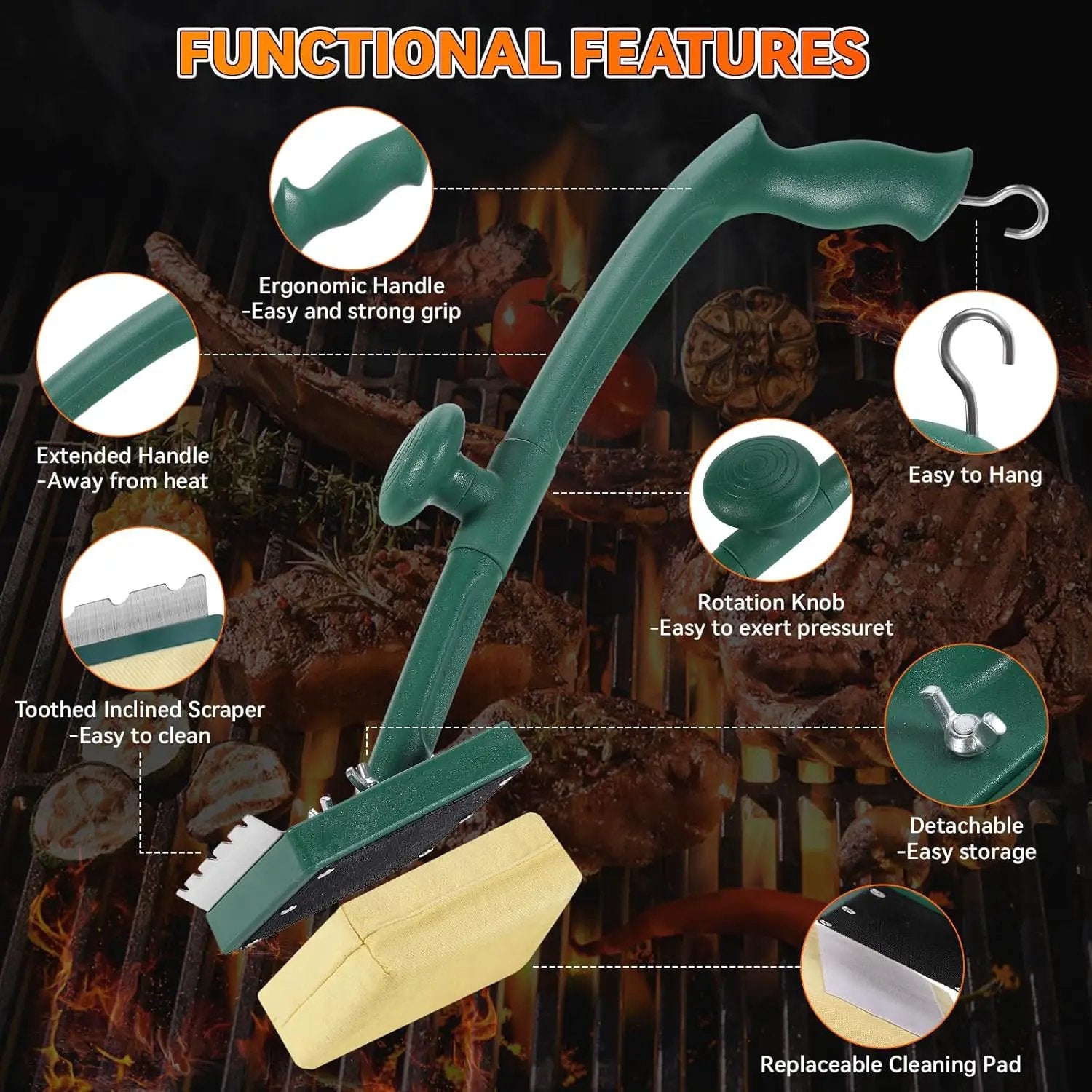 Replaceable BBQ Cleaning Head (No Handle), Safe Replacement Cleaning Pad for Cast Iron/Stainless-Steel Grates by GreenHaven Gardens